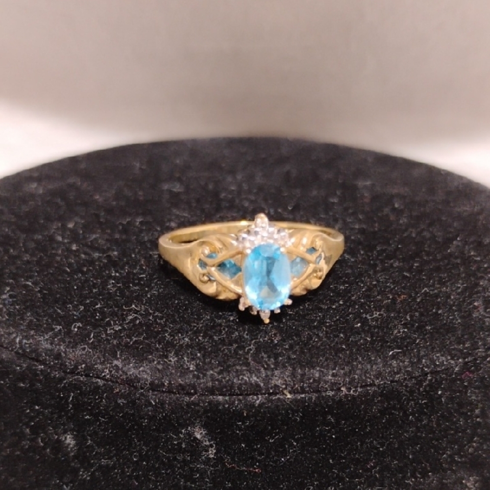 10kt Gold Blue Topaz & Diamond Elegant Gold Women's Ring Sz.10.5 - Picture 10 of 12